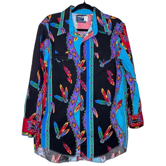 Wrangler Other - Vintage Wrangler Cowboy Cut Western Shirt X-Long Tails Aztec Tribal Feather RARE